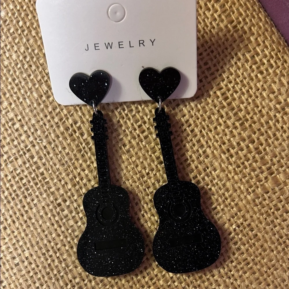 Black Glitter Guitar Heart Drop Earrings